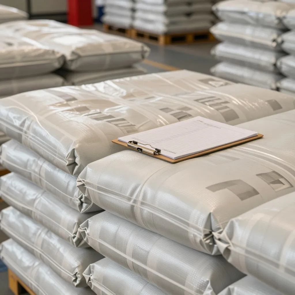 Stacked woven polypropylene bags with a quality-control checklist